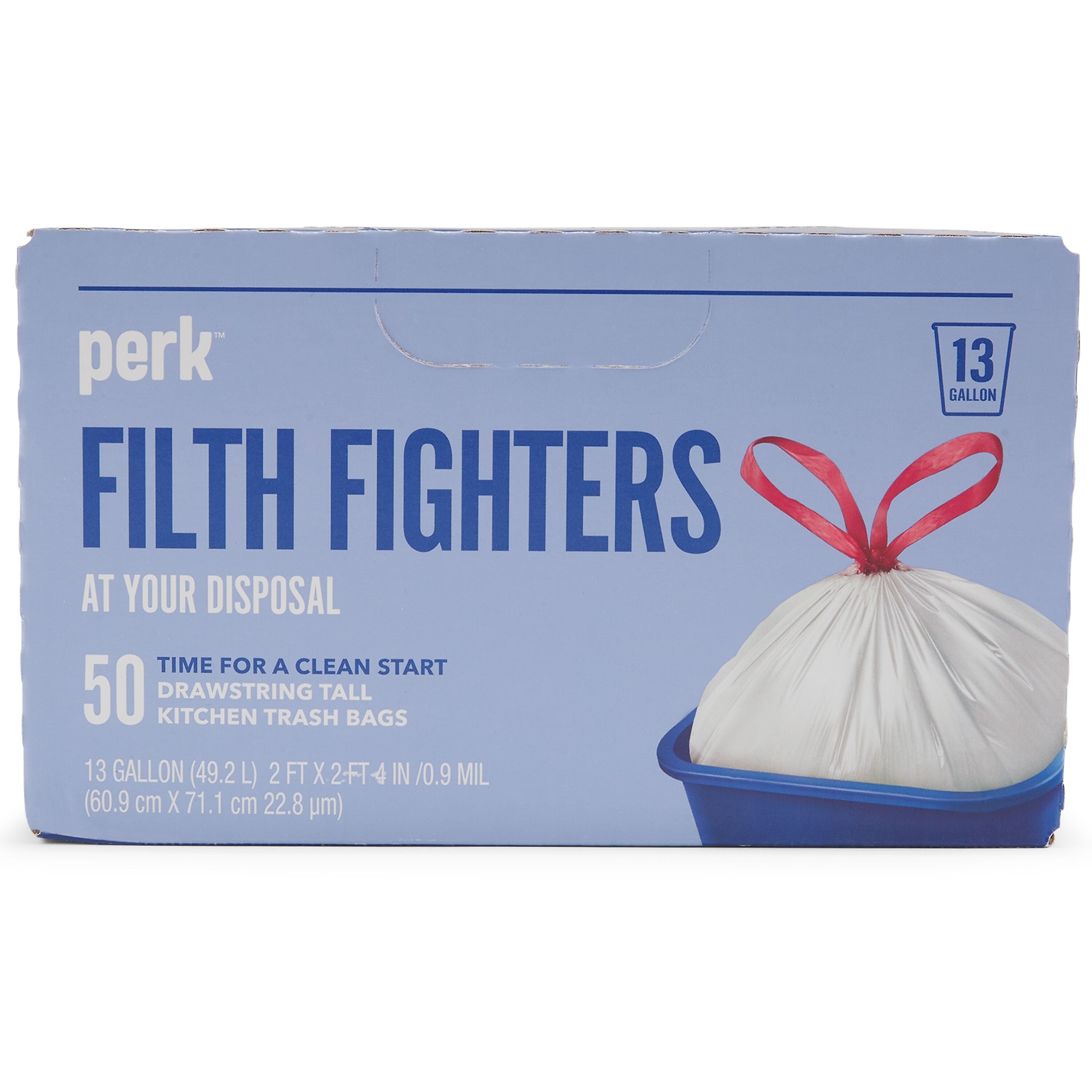 Perk™ 13 Gallon Kitchen Trash Bag, 28" x 24", Low Density, 0.9 mil, White, 50 Bags/Box, 6 Boxes/Carton (PK56745CT)