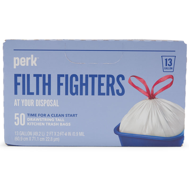 Perk™ 13 Gallon Kitchen Trash Bag, 28" x 24", Low Density, 0.9 mil, White, 50 Bags/Box, 6 Boxes/Carton (PK56745CT)
