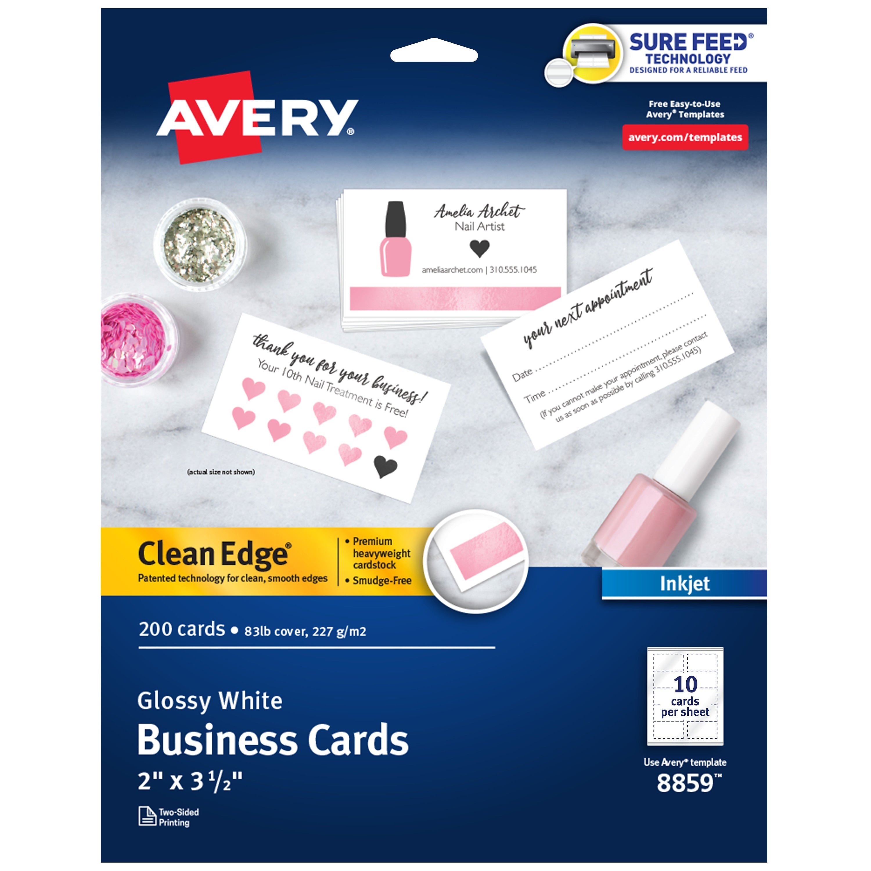 Avery Clean Edge Business Cards, 2" x 3 1/2", Glossy White, 200/Pack (8859)