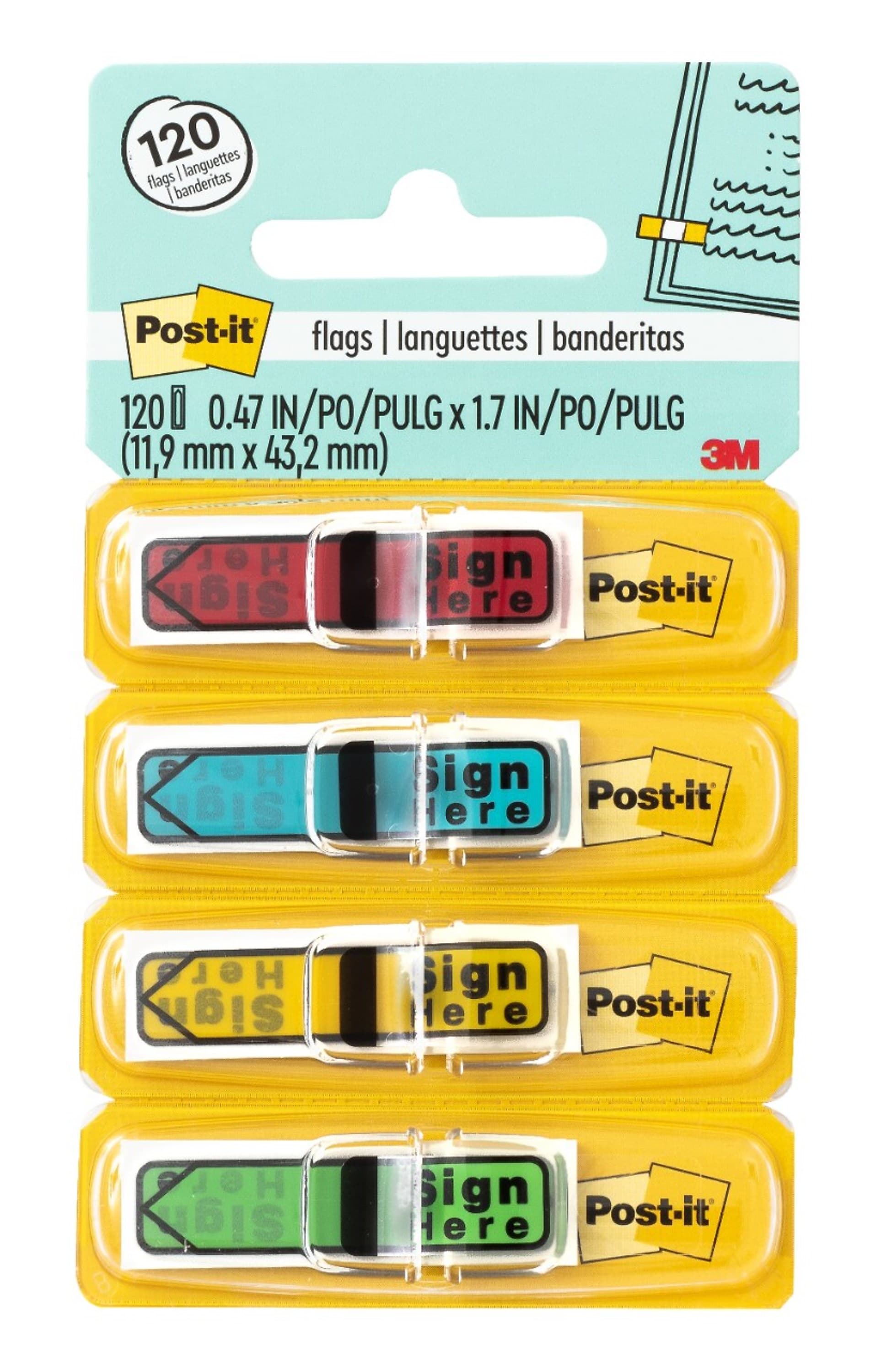 Post-it 'Sign Here' Message Flags, .5" Wide, Assorted Colors, 120 Flags/Pack (684-SH)