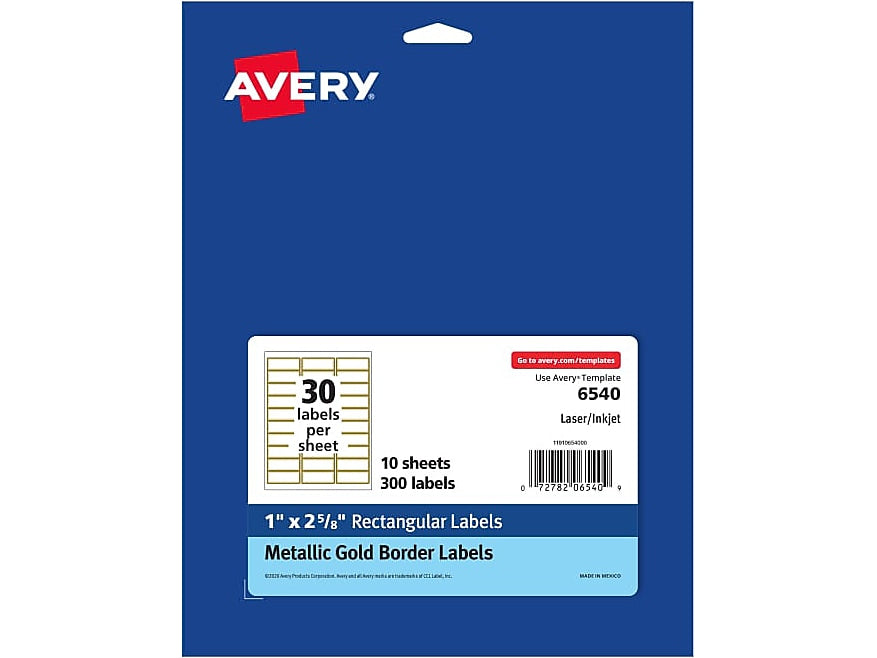 Avery Easy Peel Laser/Inkjet Address Labels, 1" x 2 5/8", White with Metallic Gold Borders, 300 Labels/Pack (6540)