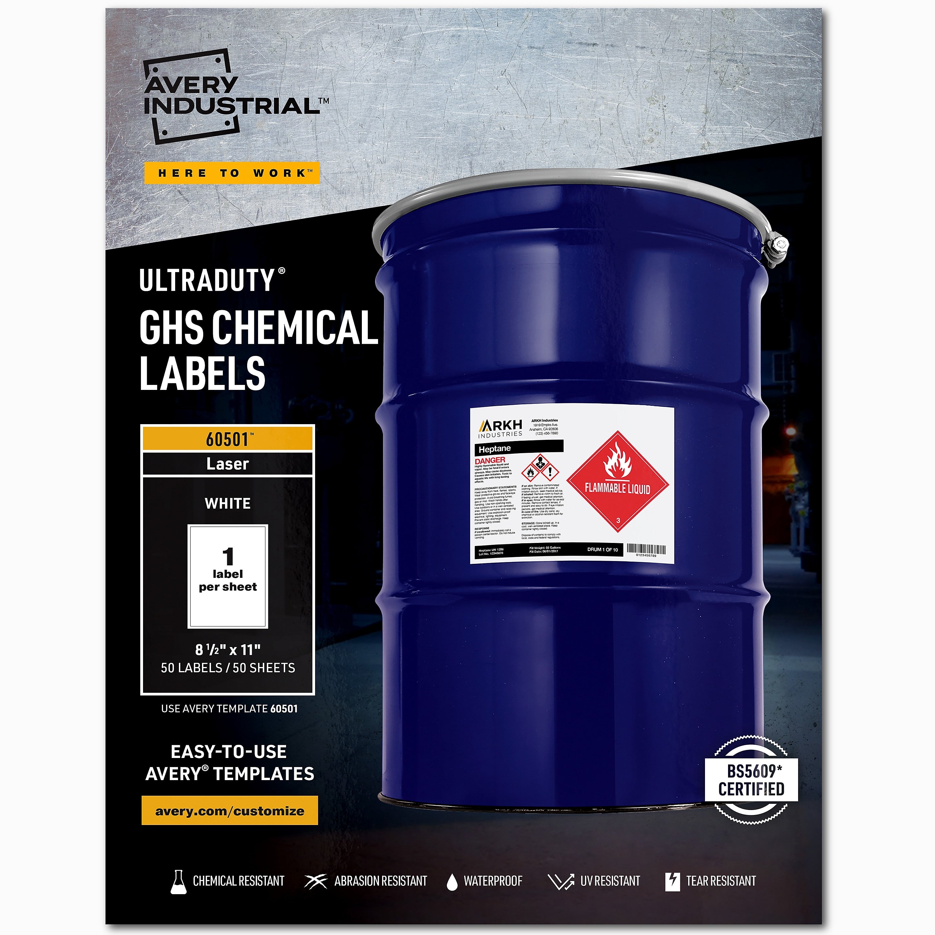 Avery UltraDuty Waterproof Laser GHS Chemical Labels, 8-1/2" x 11", 50 Labels/Box (60501)