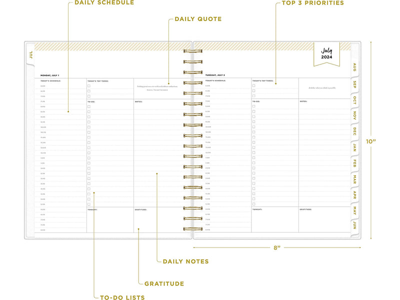 2024-2025 Blue Sky Day Designer Rugby Stripe 8" x 10" Academic Daily Planner, Plastic Cover, White/Black (137885-A25)