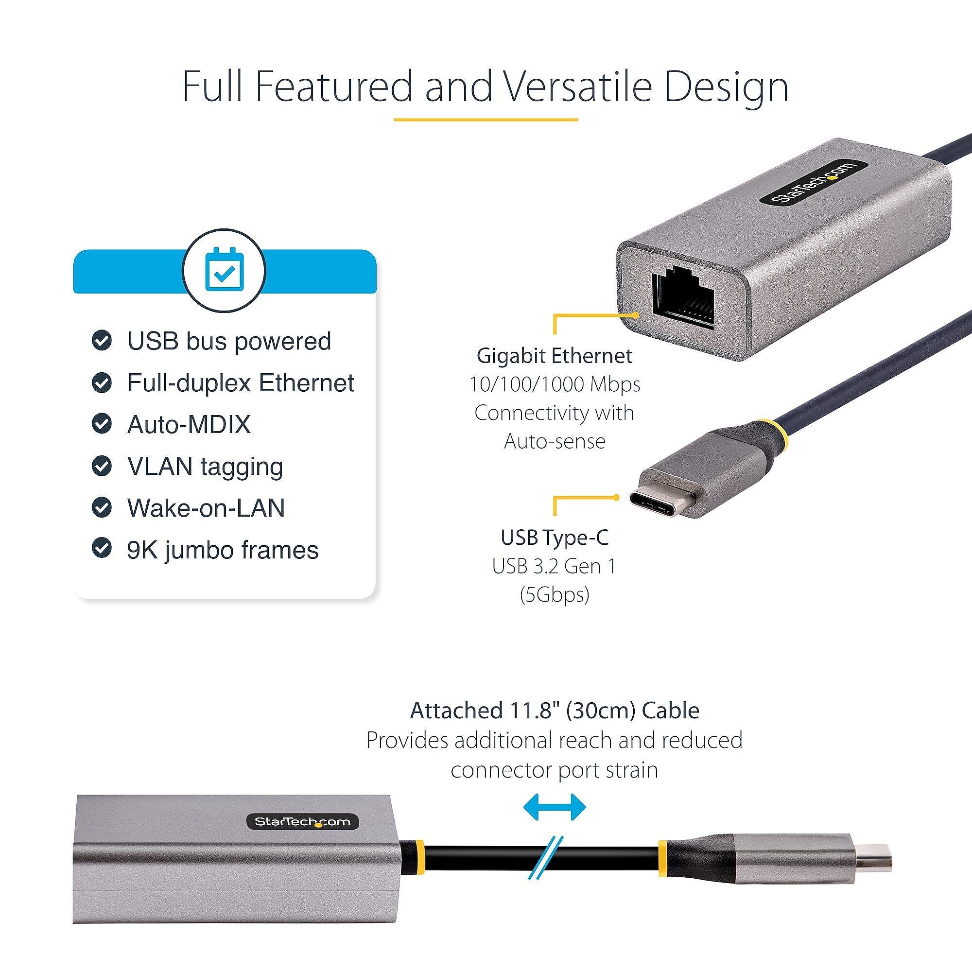 StarTech USB-C to Ethernet Adapter, 10/100/1000 Mbps, Gigabit Network Adaptr, ASIX AX88179A, 1ft/30cm Cable, Windows/macOS/Linux