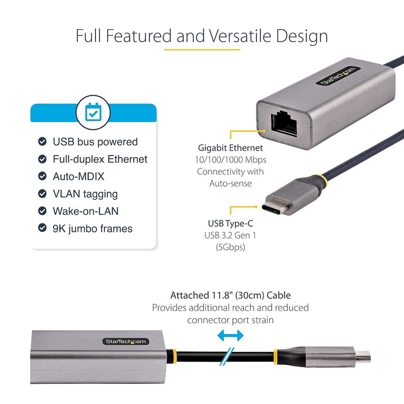 StarTech USB-C to Ethernet Adapter, 10/100/1000 Mbps, Gigabit Network Adaptr, ASIX AX88179A, 1ft/30cm Cable, Windows/macOS/Linux