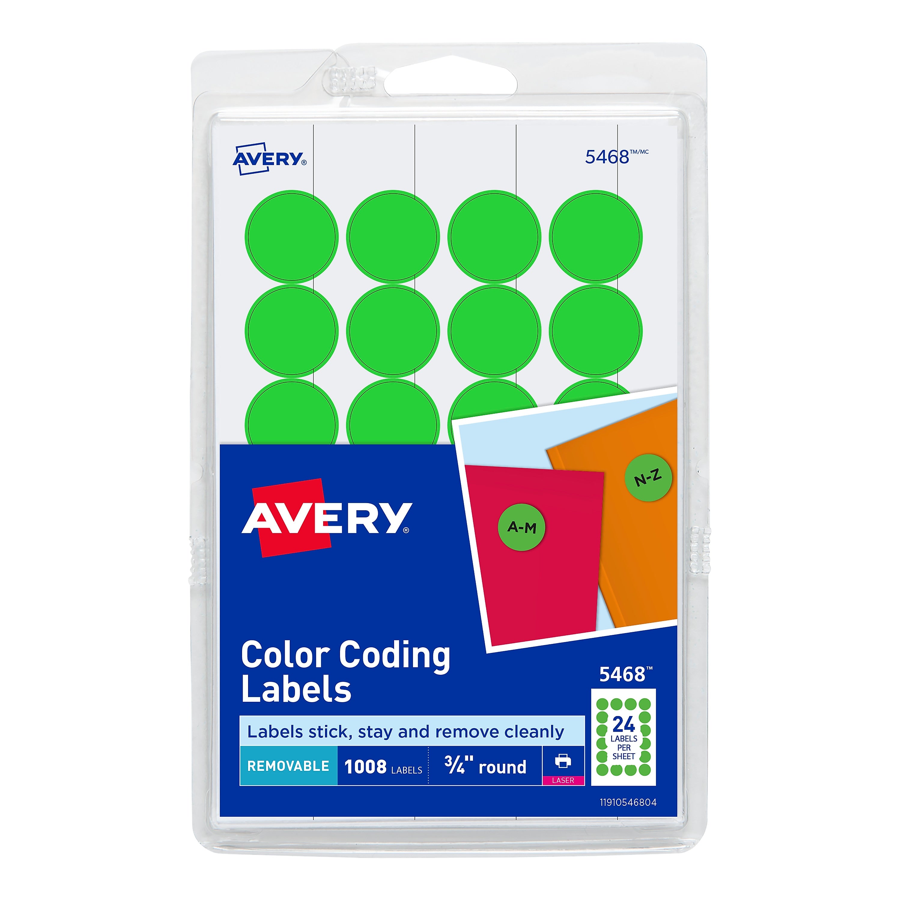 Avery Easy Peel Laser Color-Coding Labels, 3/4" Dia, Neon Green, 1,008 Labels/Pack (5468)