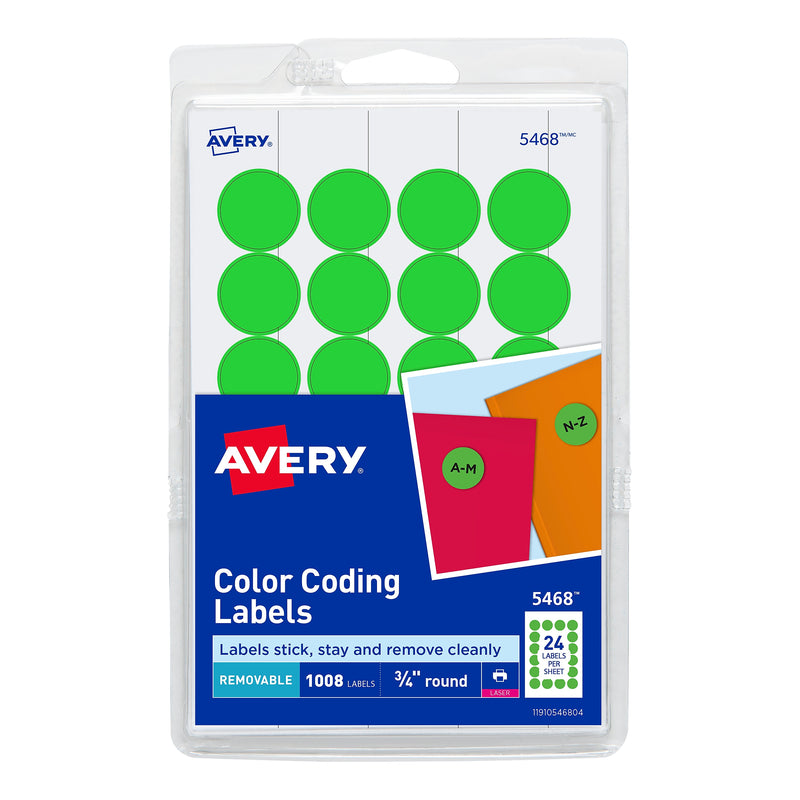 Avery Easy Peel Laser Color-Coding Labels, 3/4" Dia, Neon Green, 1,008 Labels/Pack (5468)