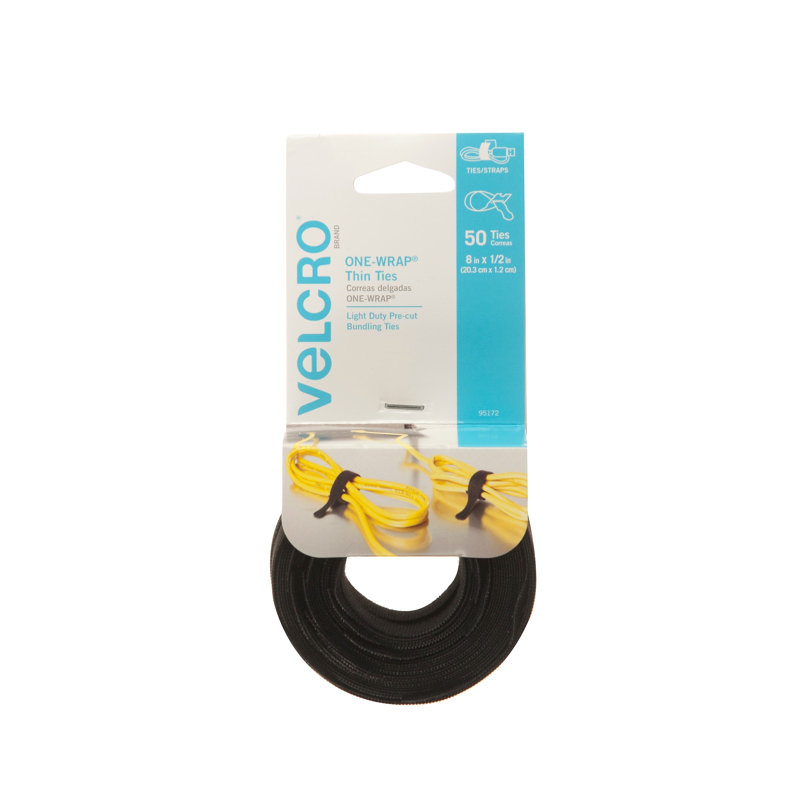 Velcro ONE-WRAP Cable Ties, 1/2" x  8", Reusable Hook & Loop Fastener, Black, 50/Pack (95172)