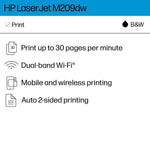 HP LaserJet M209dw Wireless Black & White Laser Printer, Single-Function, Print, Best for Home Office (6GW62F)
