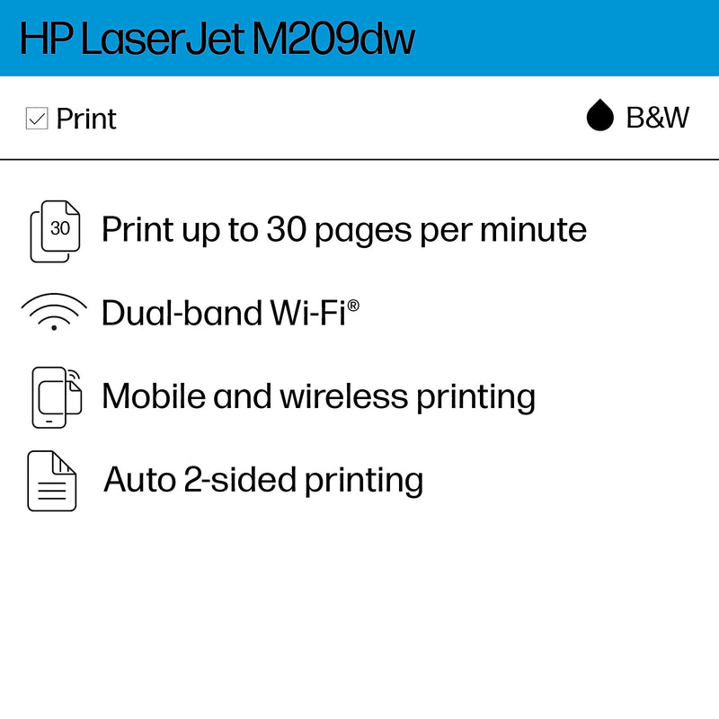 HP LaserJet M209dw Wireless Black & White Laser Printer, Single-Function, Print, Best for Home Office (6GW62F)