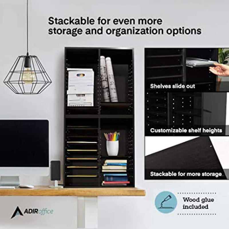 AdirOffice 500 Series 16-Compartment Literature Organizers, 20" x 11.8", Black, 2/Pack (500-16-BLK-2PK)