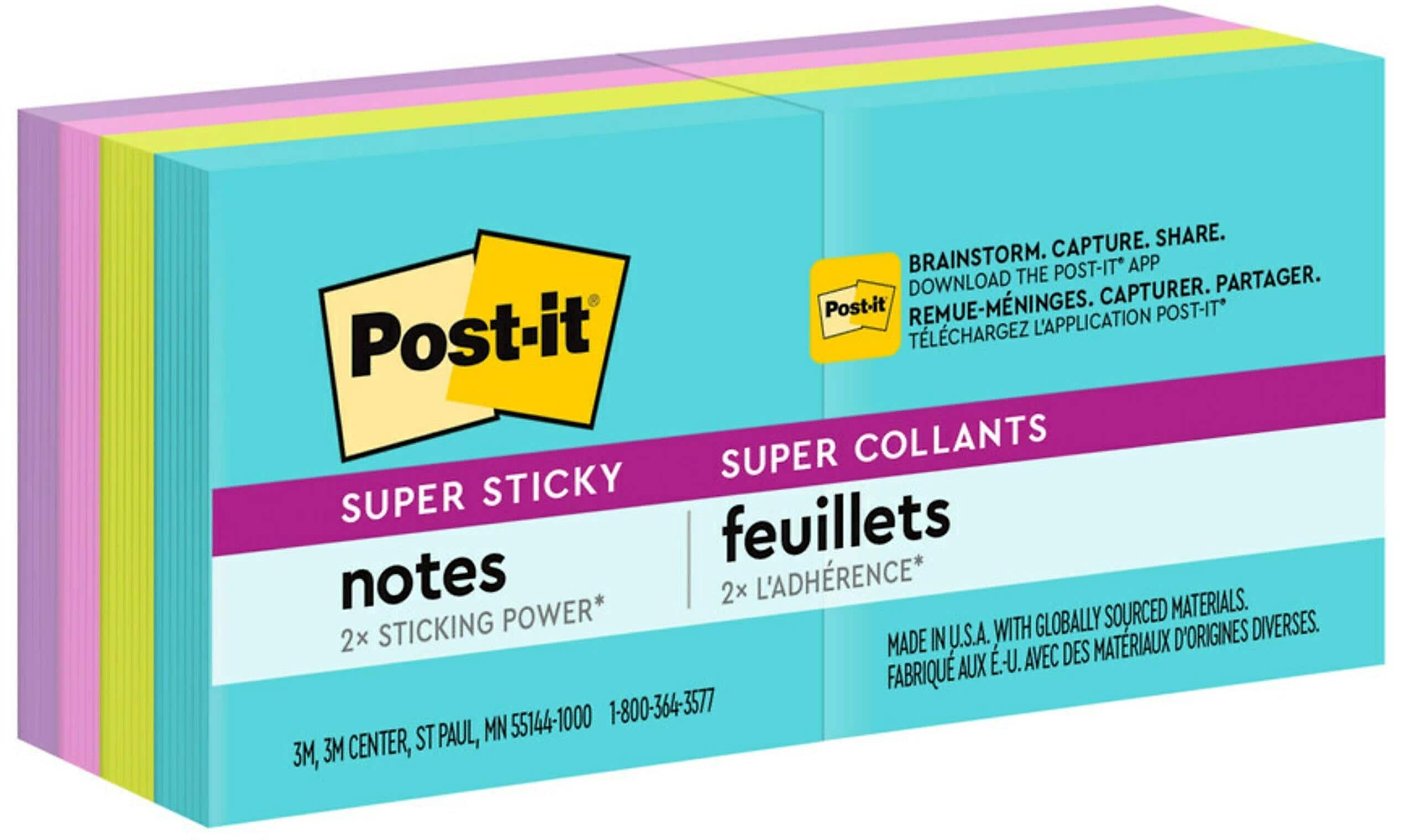 Post-it Super Sticky Notes, 1-7/8" x 1-7/8", Supernova Neons Collection, 90 Sheets/Pad, 8 Pads/Pack (622-8SSMIA)