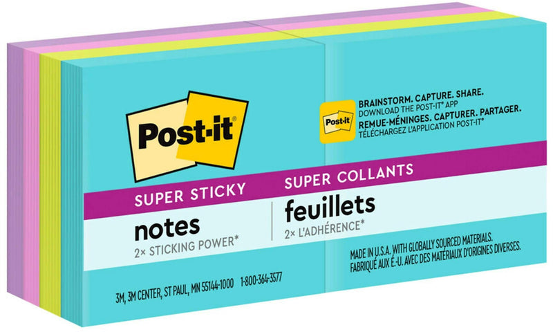 Post-it Super Sticky Notes, 1-7/8" x 1-7/8", Supernova Neons Collection, 90 Sheets/Pad, 8 Pads/Pack (622-8SSMIA)