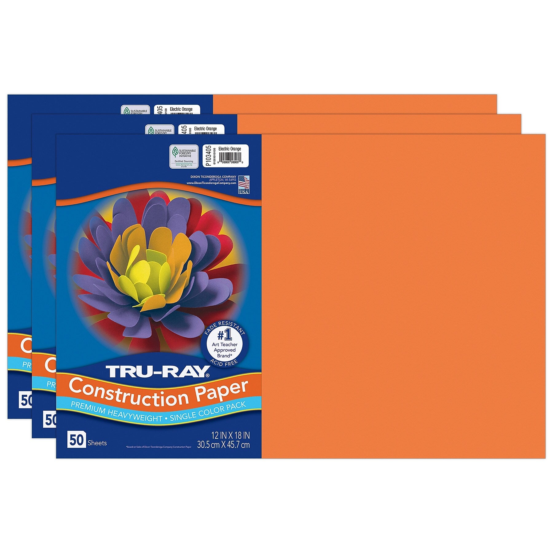 Tru-Ray 12" x 18" Construction Paper, Electric Orange, 50 Sheets/Pack, 3 Packs/Bundle (PAC103405-3)