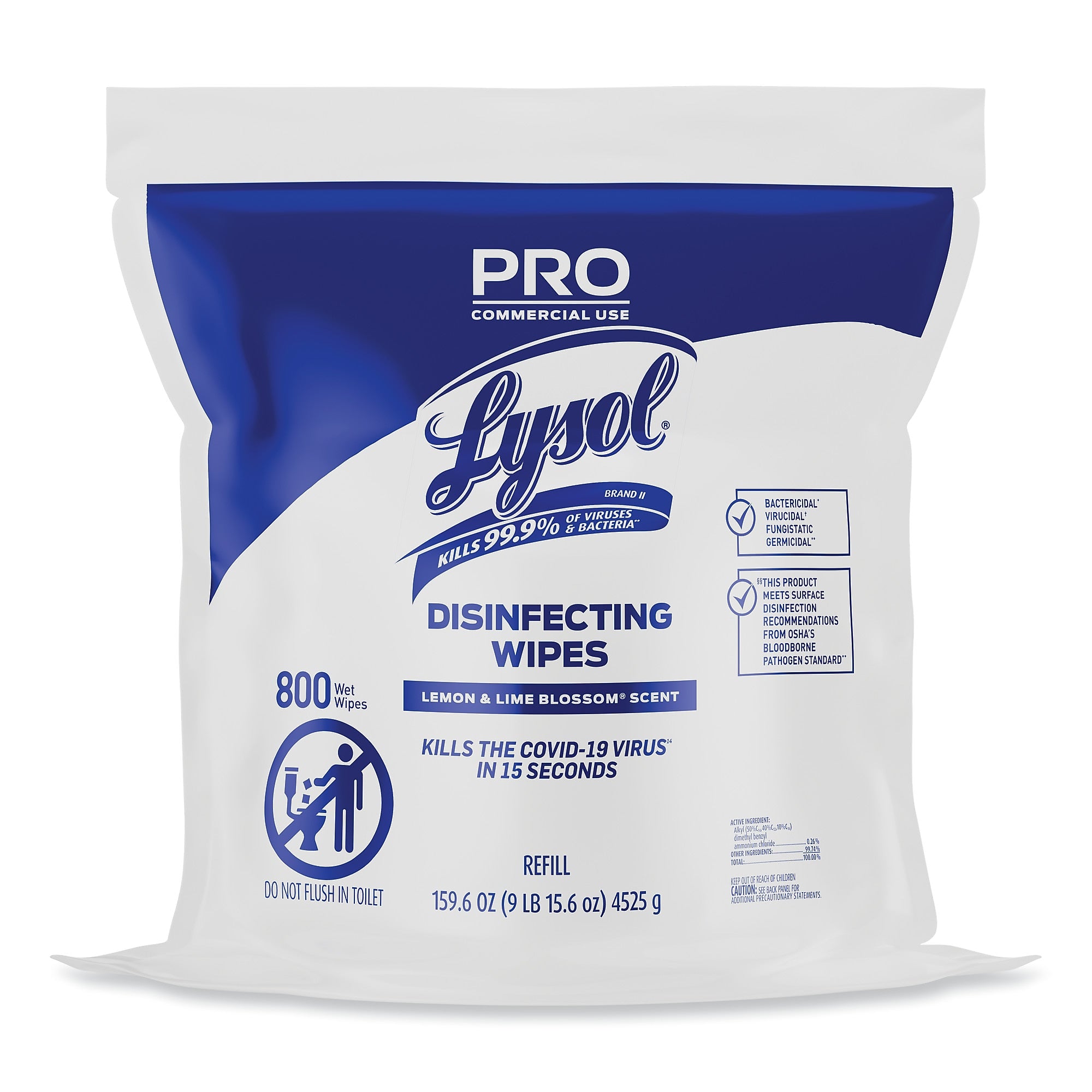 LYSOL Professional Disinfecting Wipe Bucket Refill, 1-Ply, 6 x 8, Lemon and Lime Blossom, White, 800 Wipes/Bag, 2 Refill Bags/CT