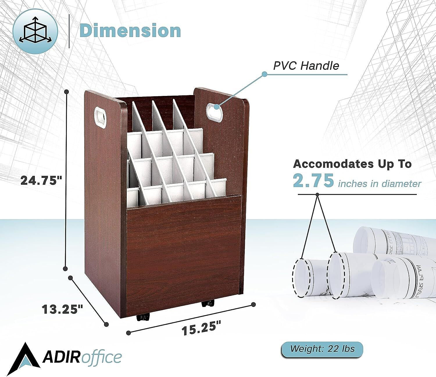 AdirOffice 20-Slot Mobile Roll File, 24.75"H x 15.25"W x 13.25"D, Mahogany (624-MA-KIT1)