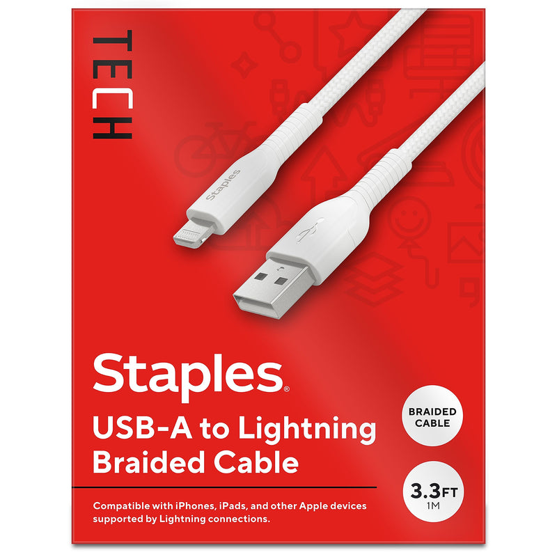 Staples TECH Lightning to USB-A Charging Cable, 3.3 ft., White (ST62329)
