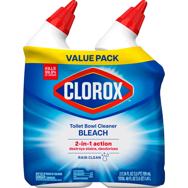 Clorox Disinfecting Toilet Bowl Cleaner with Bleach, Rain Clean Scent, 24 Oz., 2/Pack, 6 Packs/Carton (30924)