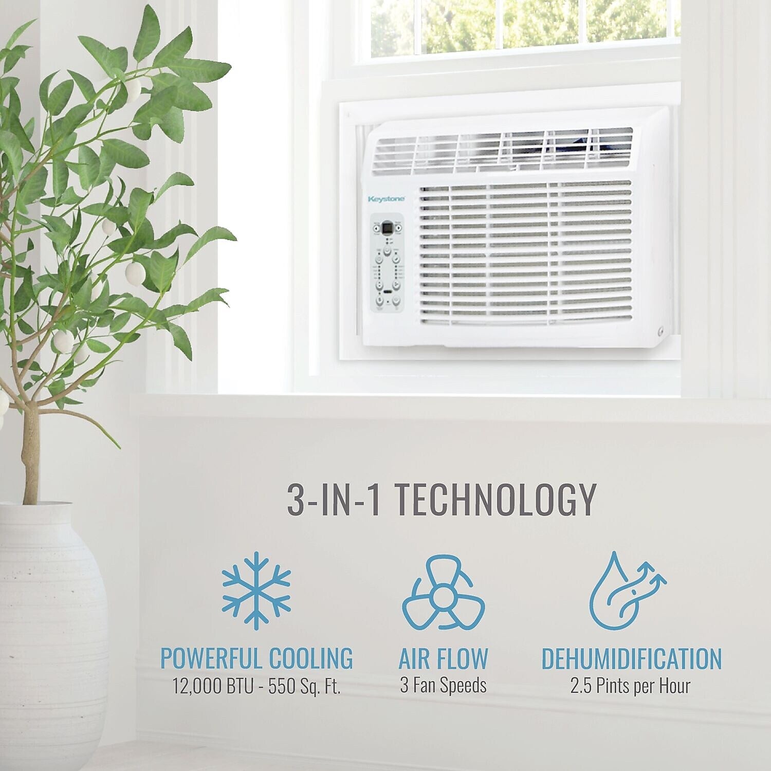 Keystone 12,000 BTU Window-Mounted Air Conditioner with Follow Me LCD Remote Control, White (KSTAW12CE)