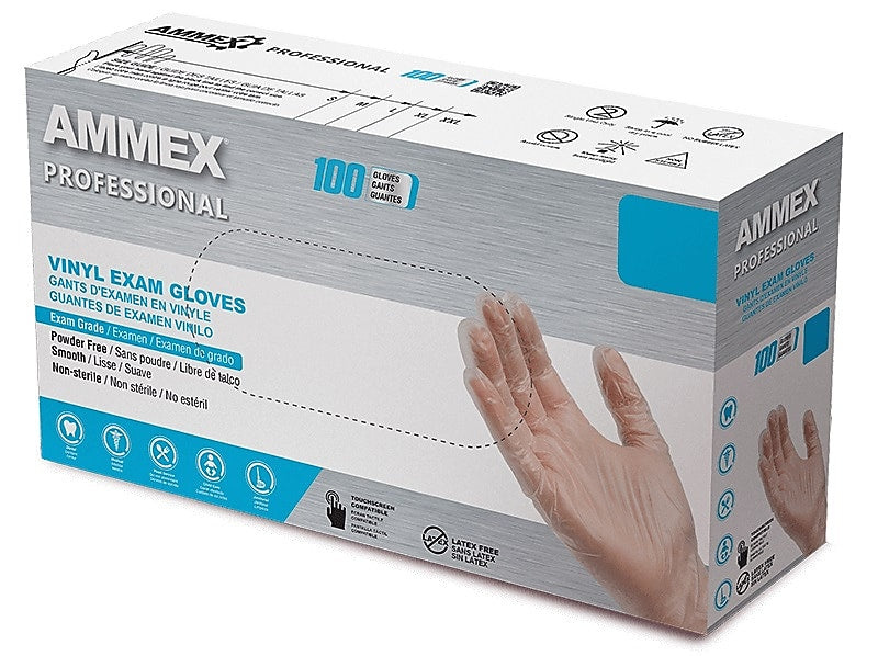 Ammex Professional VPF Powder Free Vinyl Exam Gloves, Latex Free, Clear, Small, 100/Box, 10 Boxes/Carton (VPF62100-CC)