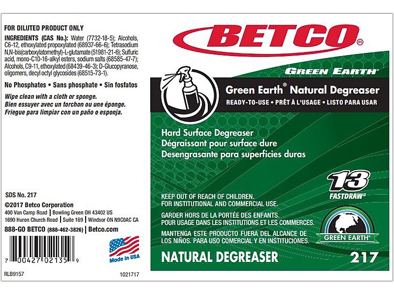 Betco Natural Degreaser Secondary Label, 4" x 6", Multicolor, 24 Labels/Pack (2179090)