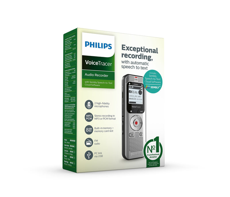 Philips VoiceTracer Digital Voice Recorder with Sembly Speech to Text, 8GB, Silver (DVT2015)