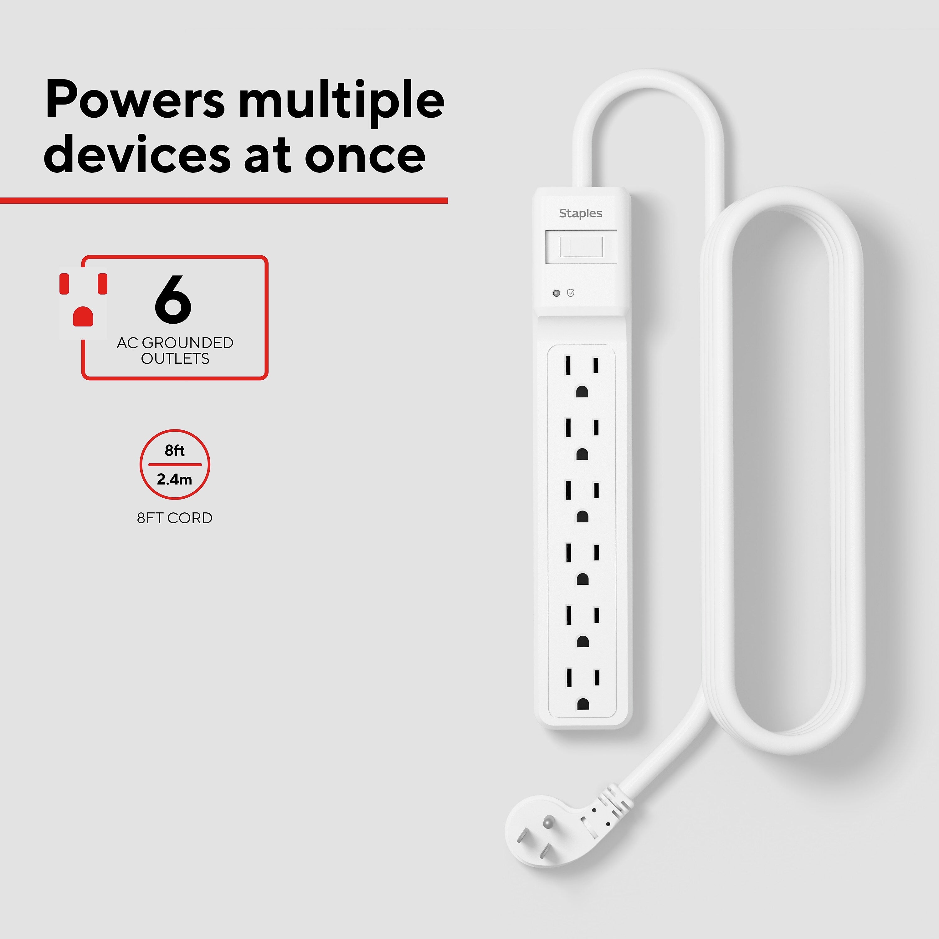 Staples TECH 6-Outlet Surge Protector, 8', 1800 Joules, White (ST62767)