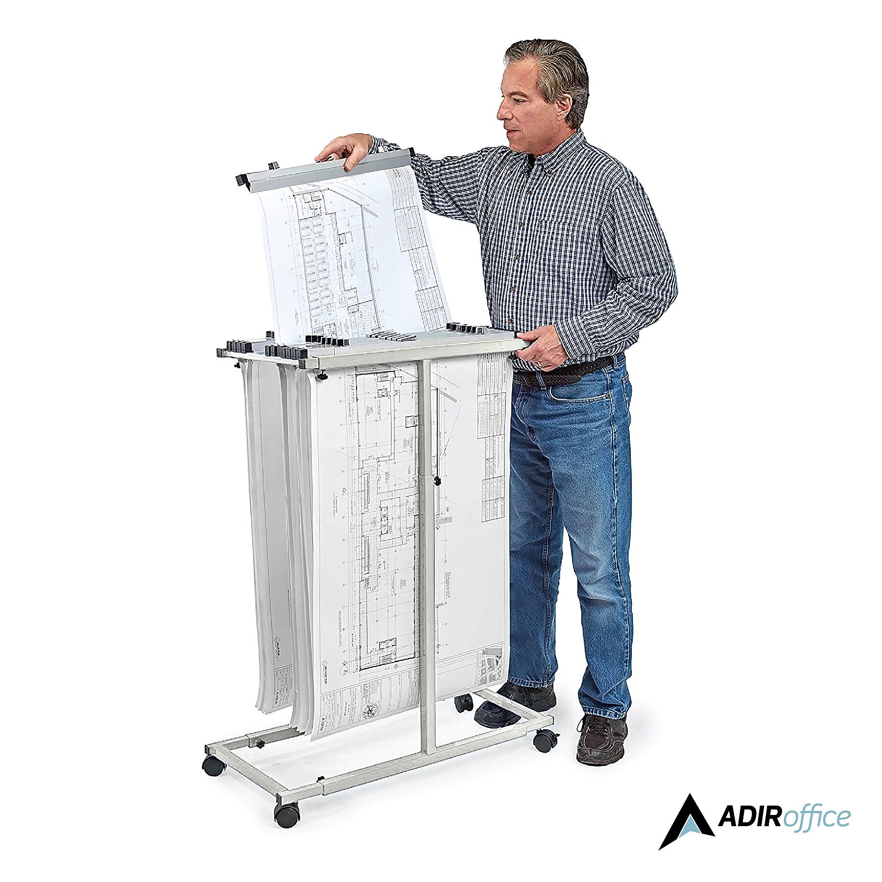 AdirOffice Steel Mobile Blueprint Storage File Storage Cart with (12) 30" Hanging Clamps, Gray (614-6036)