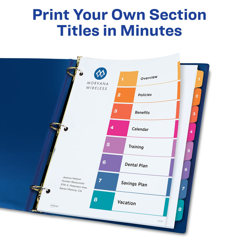 Avery Ready Index Table of Contents Extra-Wide Paper Dividers, 1-8 Tab, Multicolor (11163)