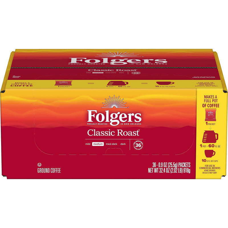 Folgers Classic Roast Ground Coffee Fraction Pack, Medium Roast, 0.9 oz., 36/Carton (SMU06125)