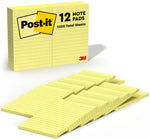 Post-it Notes, 4" x 6", Canary Collection, Lined, 100 Sheet/Pad, 12 Pads/Pack (660YW)