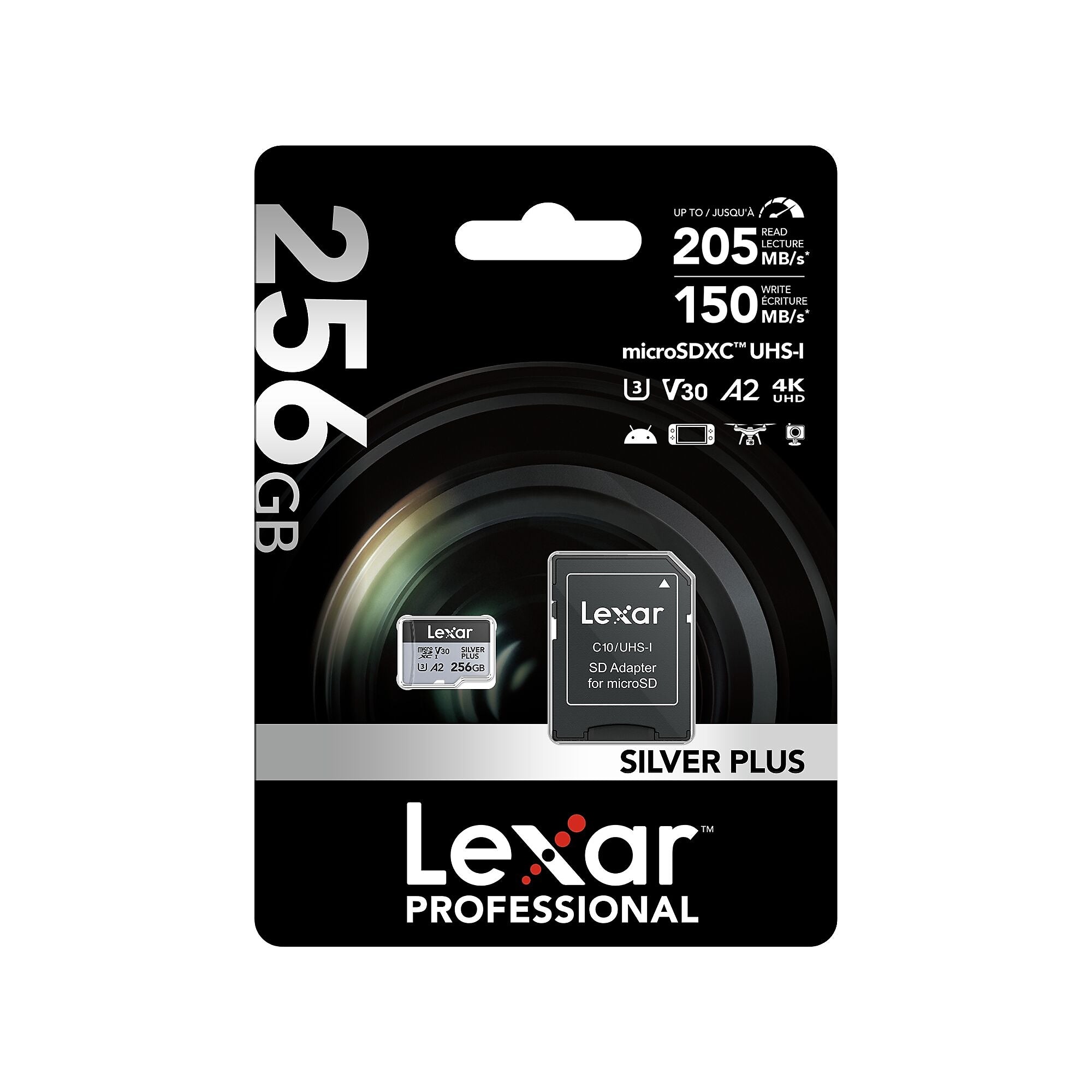 Lexar Professional Silver Plus 256MB microSDXC Memory Card with Adapter, Class 10, UHS-I, V30 (LMSSIPL256G-BNANU)