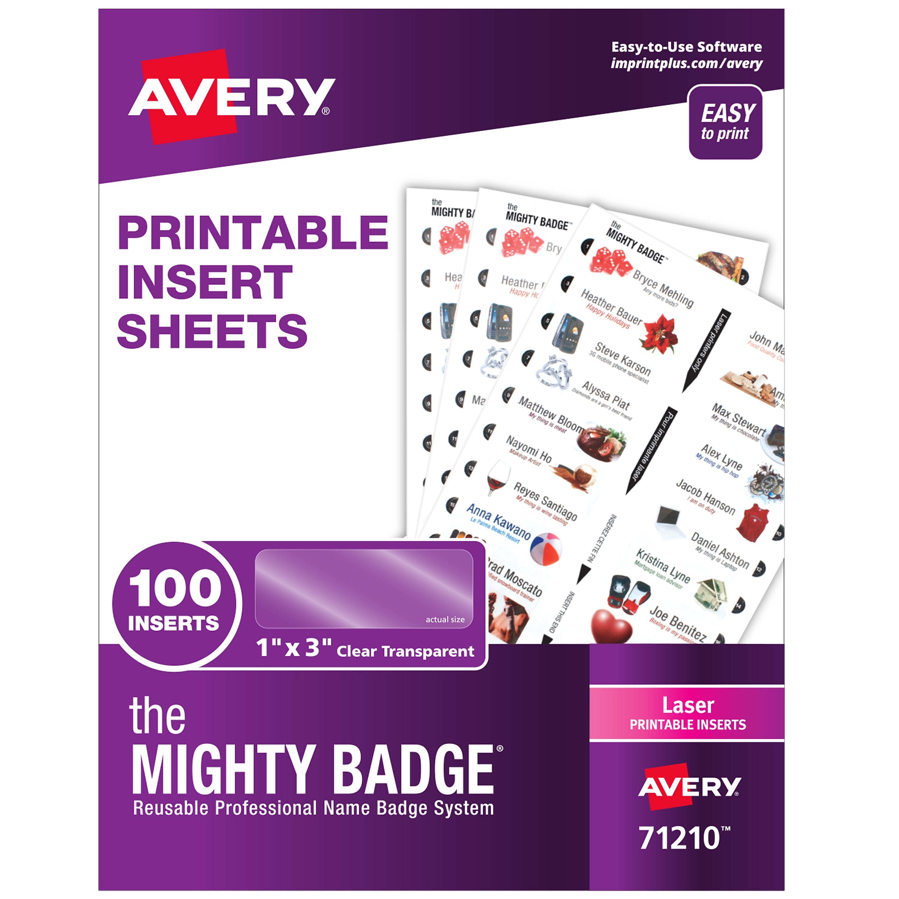 Avery The Mighty Badge Laser Printable Insert Sheets, 1" x 3", Clear, 20 Inserts/Sheet, 5 Sheets/Pack, 100 Inserts/Pack (71210)