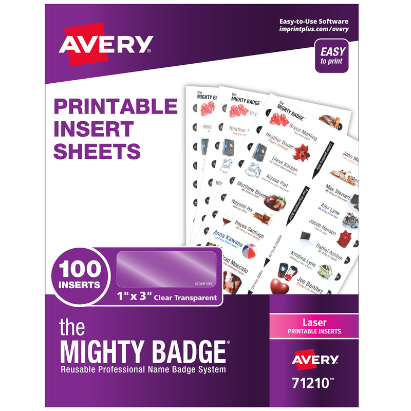 Avery The Mighty Badge Laser Printable Insert Sheets, 1" x 3", Clear, 20 Inserts/Sheet, 5 Sheets/Pack, 100 Inserts/Pack (71210)