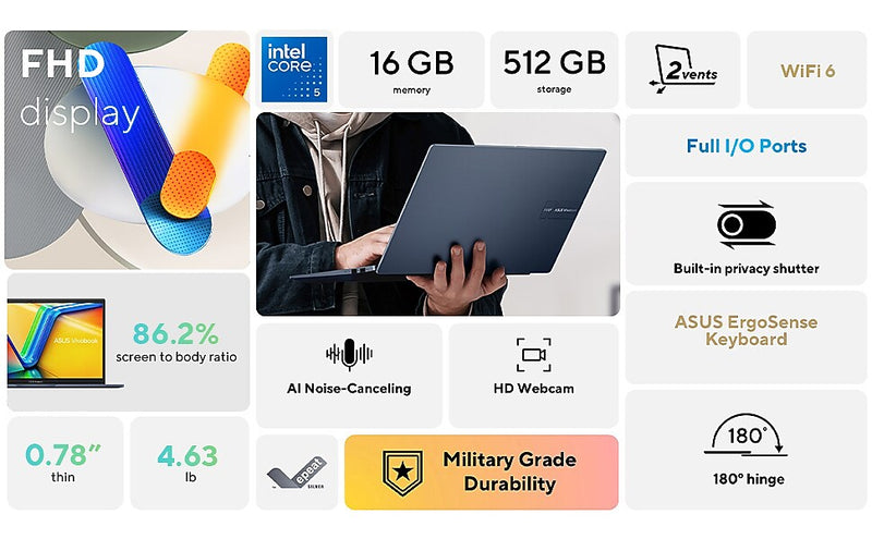 ASUS Vivobook 17 FHD 17.3" Laptop, Intel Core 5 120U, 16GB RAM, 512GB SSD, Backlit Keyboard, Windows 11