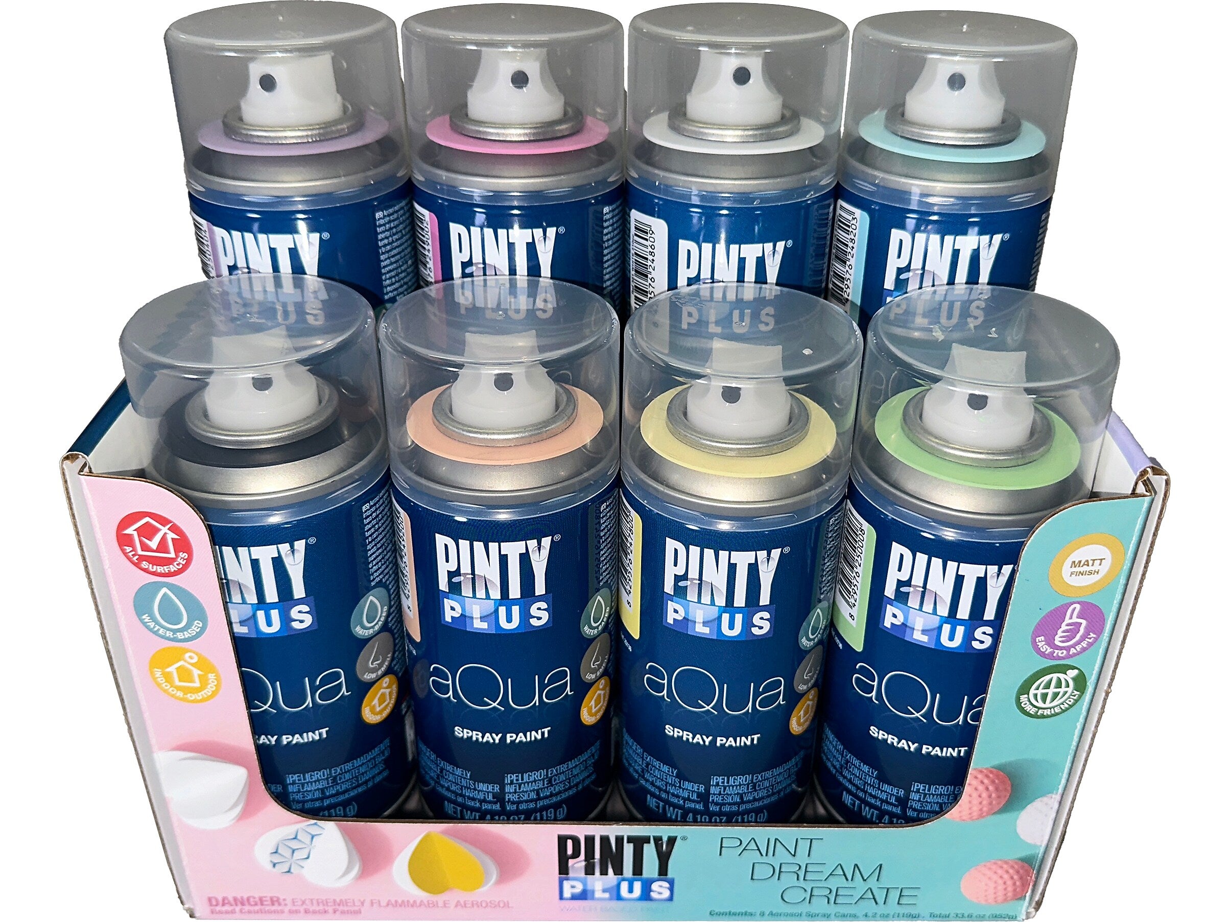 Pintyplus Aqua Water-Based Spray Paint, Assorted Colors, 4.2 Oz., 8/Pack (KTAM 311P8-RT)