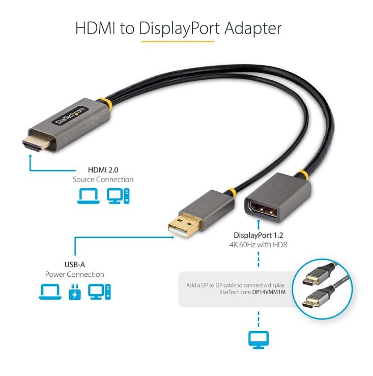 StarTech HDMI to USB A /Display Port Audio/Video Adapter, Male to Female/Male, Gray/Black (128-HDMI-DISPLAYPORT)