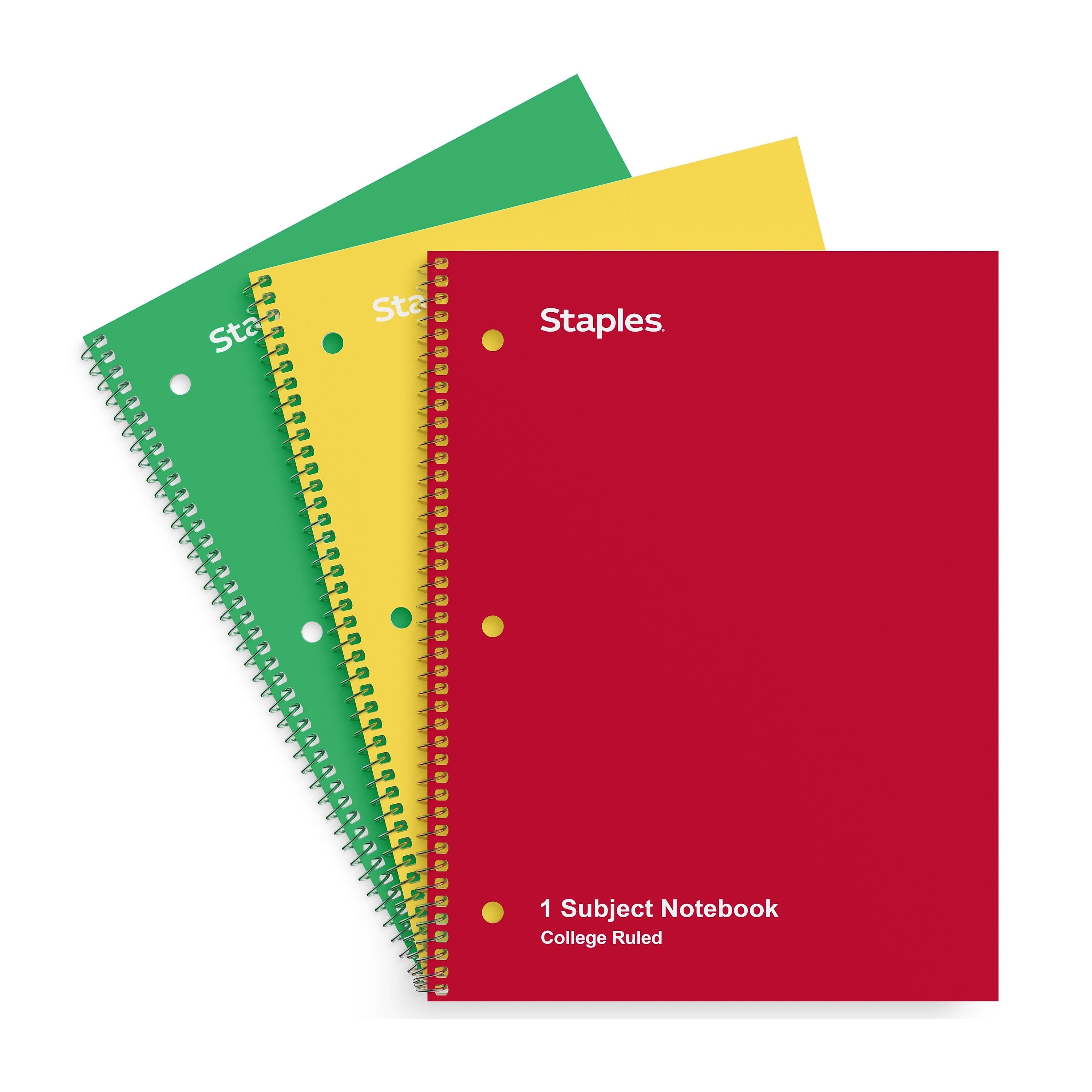 Staples 1-Subject Notebooks, 8" x 10.5", College Ruled, 70 Sheets, Assorted Colors, 3/Pack (ST58375C)