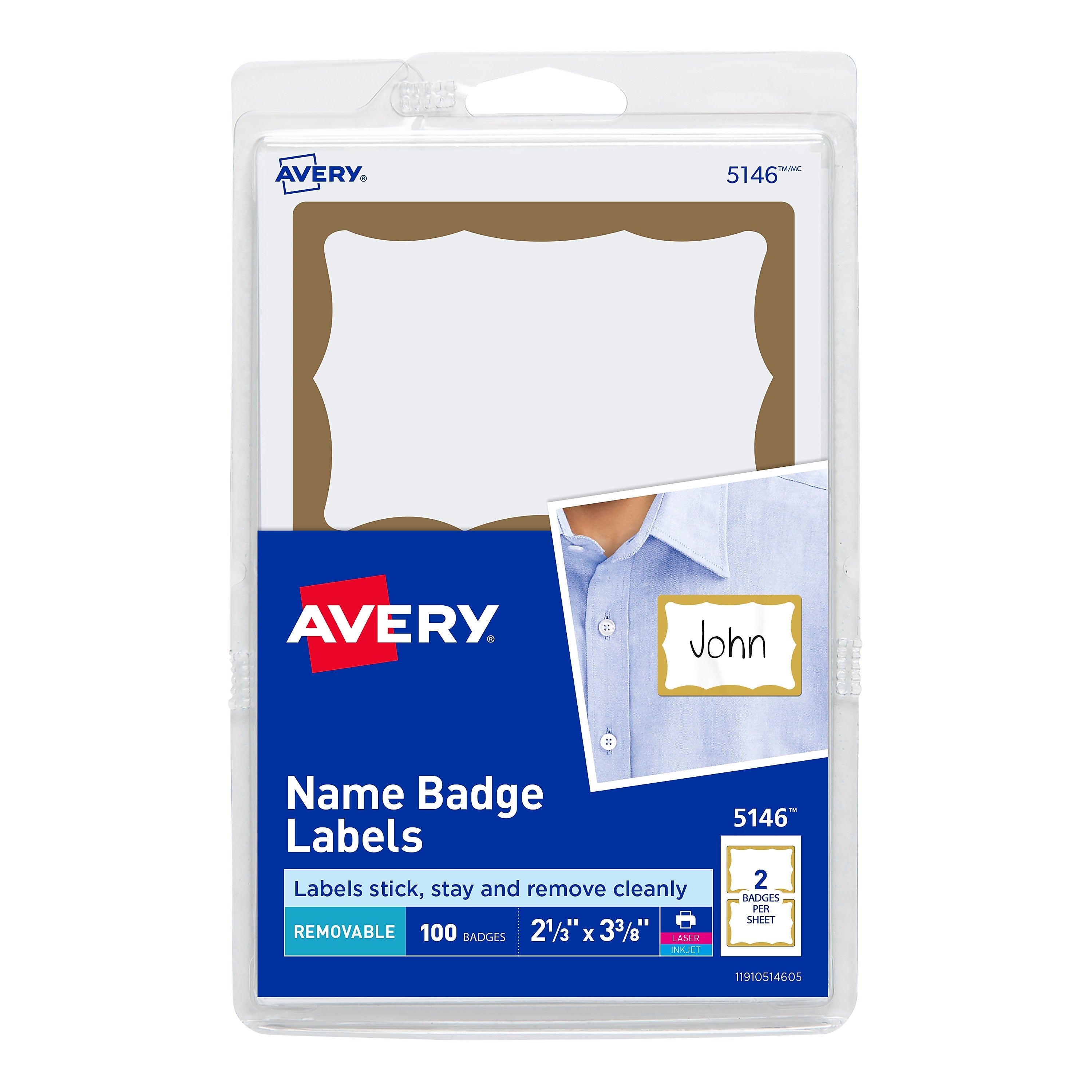 Avery Adhesive Laser/Inkjet Name Badge Labels, 2 1/3" x 3 3/8", White with Gold Border, 100 Labels Per Pack (5146)