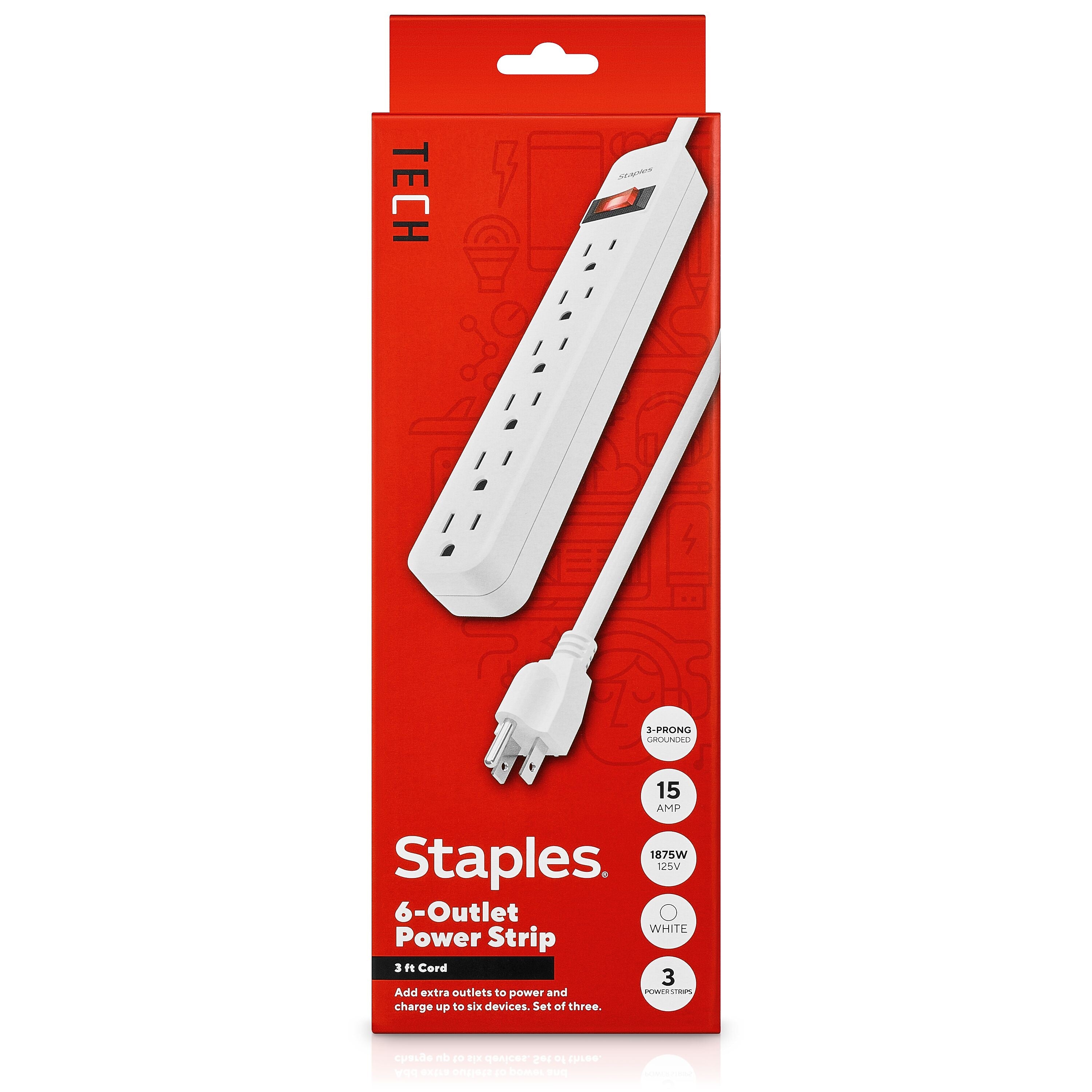 Staples TECH 6-Outlet Power Strip, 3' Cord, White,  3/Pack (42319)