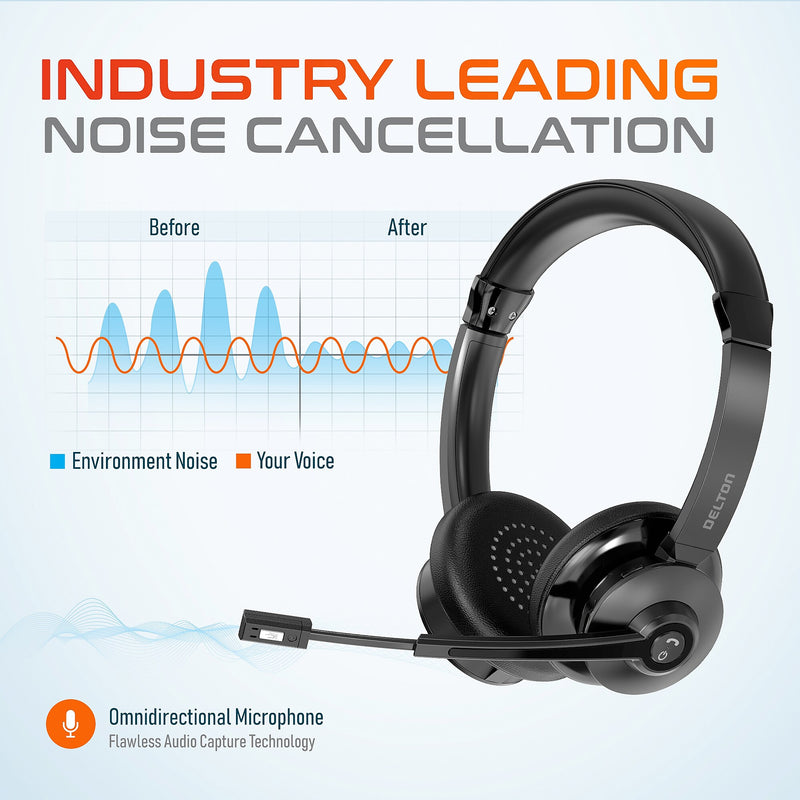 Delton 35X Wireless Noise Canceling Bluetooth Stereo Headset, Auto Pair USB Dongle & Fast Charging Dock, Black (DBHTEAD35XBTDL)