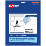 Avery Laser/Inkjet Square Removable Labels, 2.5" x 2.5", White, 225 Labels/Pack (94104)