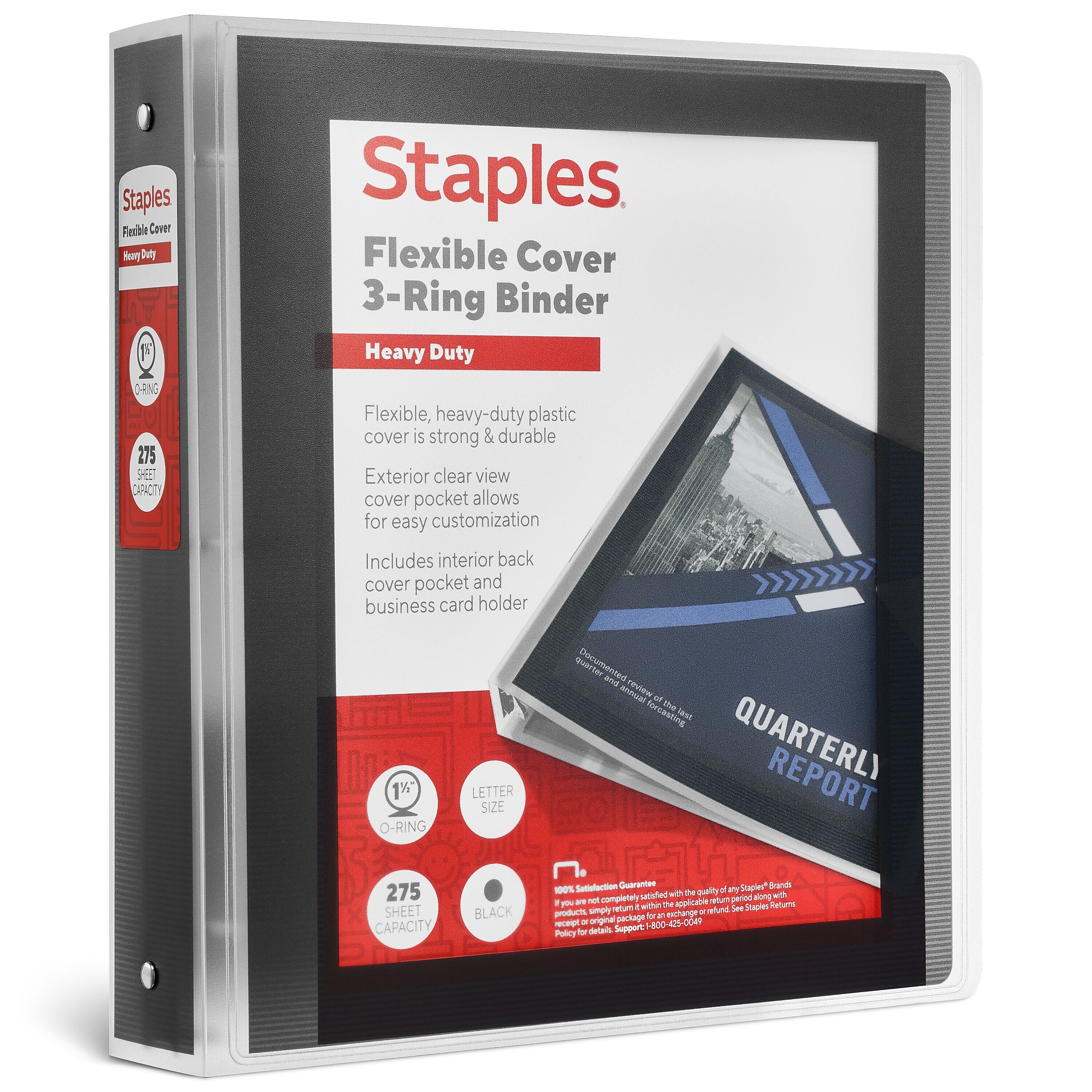 Staples Heavy Duty 1 1/2" 3-Ring Flexible Poly Binder, Black (ST62615)