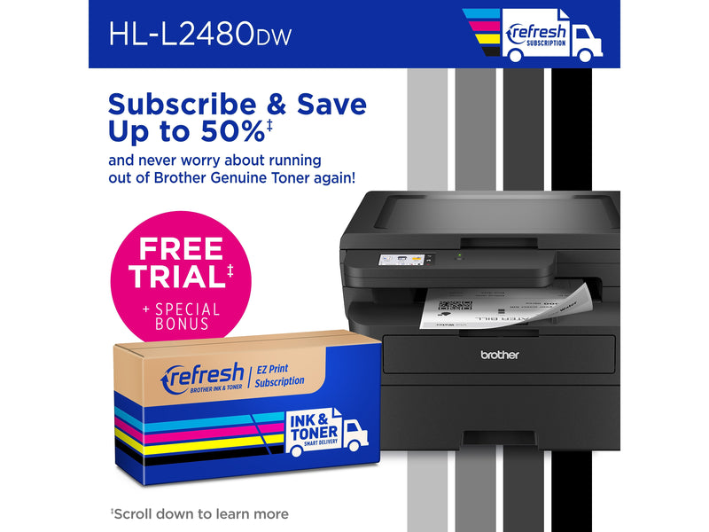 Brother HL-L2480DW Compact Wireless Black & White Laser Printer, Copy & Scan, Refresh Subscription Ready