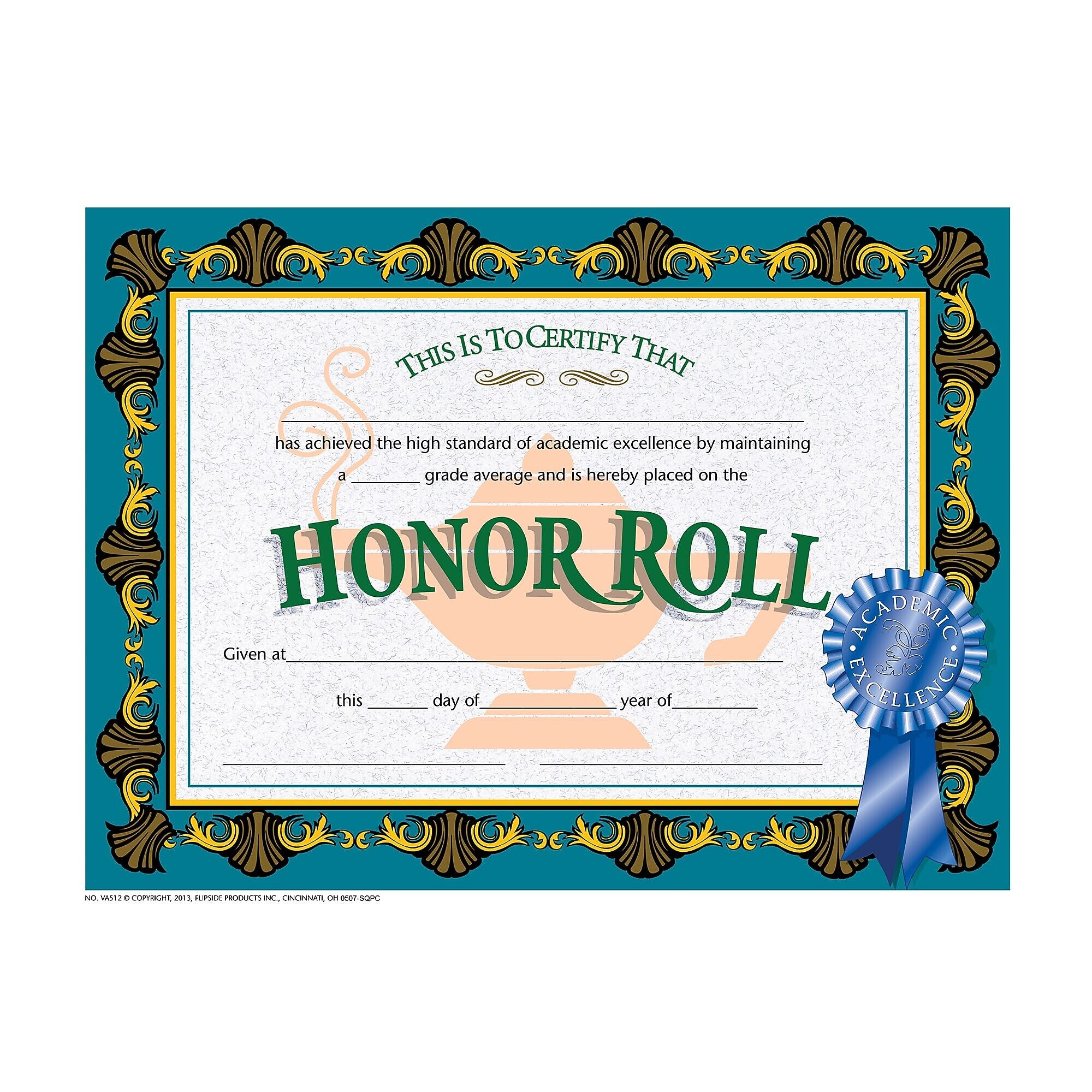 Flipside Honor Roll Certificate, 8.5" x 11", Multicolor, 30/Pack, 5 Packs/Carton (VA512-5)