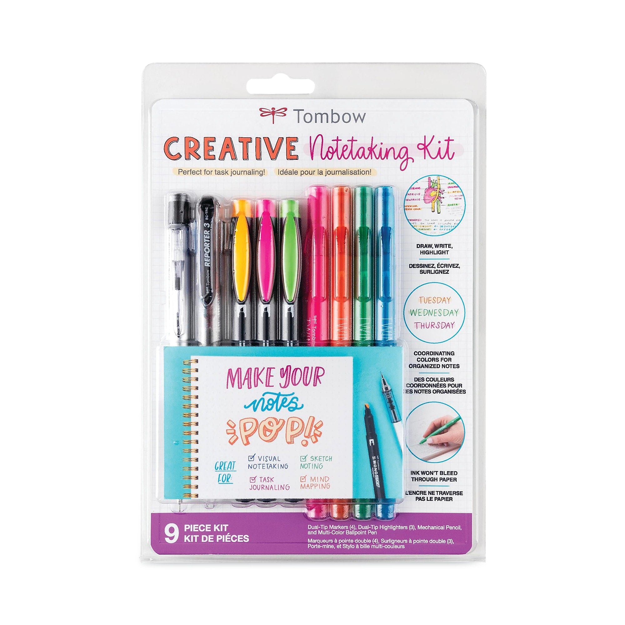 Tombow Creative Notetaking Pen Set, Assorted Points, Assorted Size Set, Assorted Ink, 9/Kit (TOM56301)