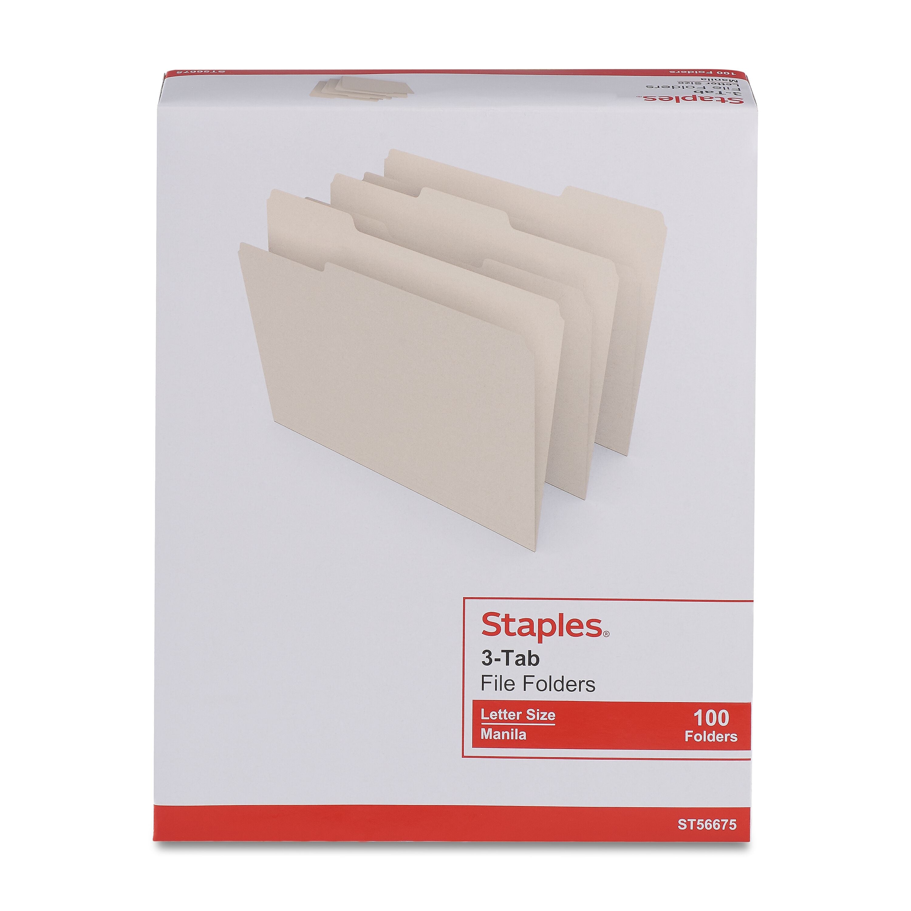 Staples 30% Recycled File Folders, 1/3-Cut Tab, Letter Size, Manila, 100/Box (ST56675)