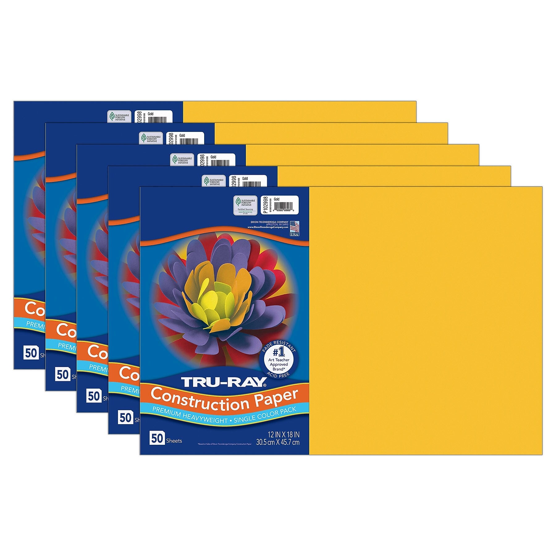Tru-Ray 12" x 18" Construction Paper, Gold, 50 Sheets/Pack, 5 Packs/Bundle (PAC102998-5)