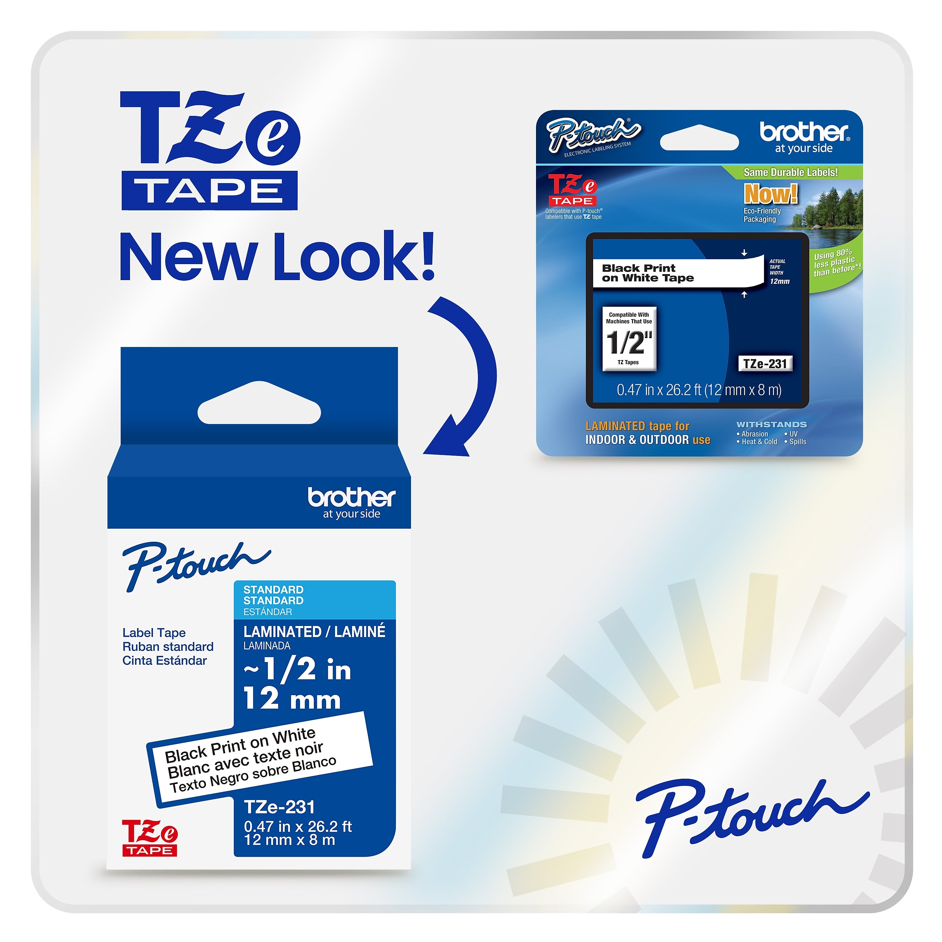 Brother P-touch Laminated Label Tape, 1/2" x 26.2', Black on White, 2/pack (TZe2312PK)