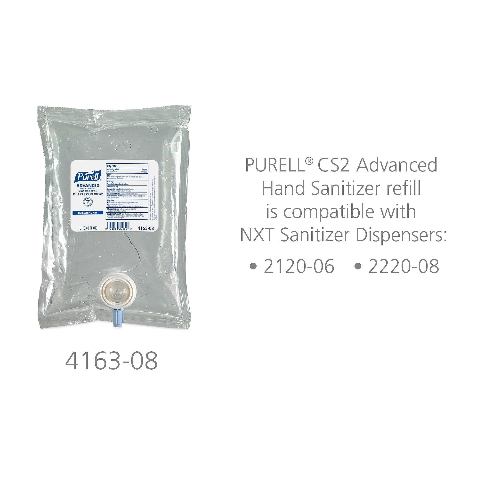 PURELL Advanced 70% Alcohol Gel Hand Sanitizer Refill for CS2 and NXT Dispensing Systems, 1000mL, 8/Carton (4163-08)